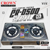 Crown CR-D500 Gas Stove – Dual Burner Portable Gas Cooktop with Stainless Steel Body & Brand Warranty ✅